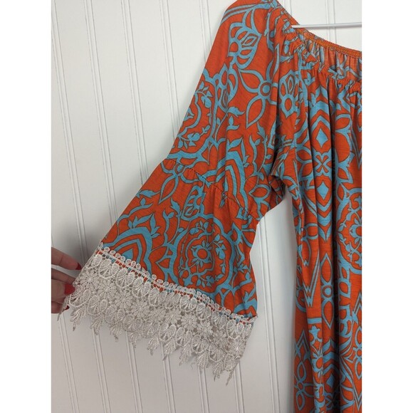 Yahada BOHO TUNIC Blouse Shirt Top Small Orange Teal Crochet LACE 3/4 Sleeve‎ - Picture 3 of 7